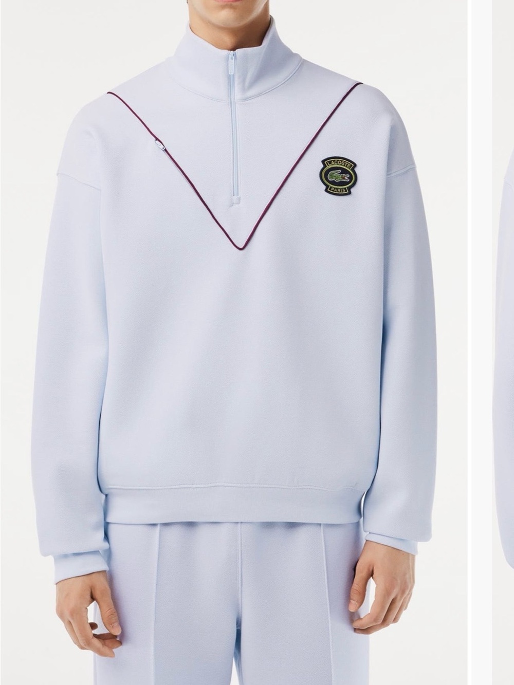 Lacoste Men’s Pale Blue Quarter-Zip Sweater with Maroon Piping